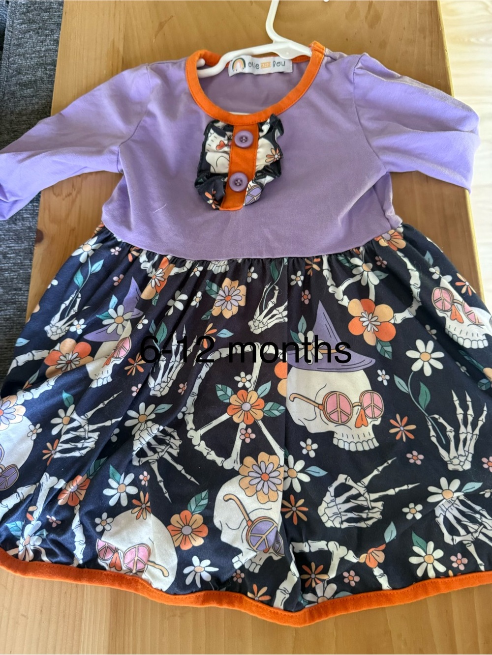 Purple & Navy Floral Skull Ruffle Dress with Orange Trim
